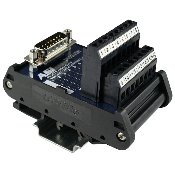 Asi DB15 Male Breakout Board, 15 Pin Male D-Sub Connector to Screw Terminal Block, DIN Rail Mount 11002 - main
